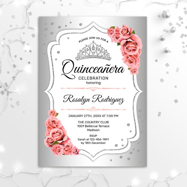 Invitación Quinceanera - Rosa Rubor blanco plateado (Subido por el creador)