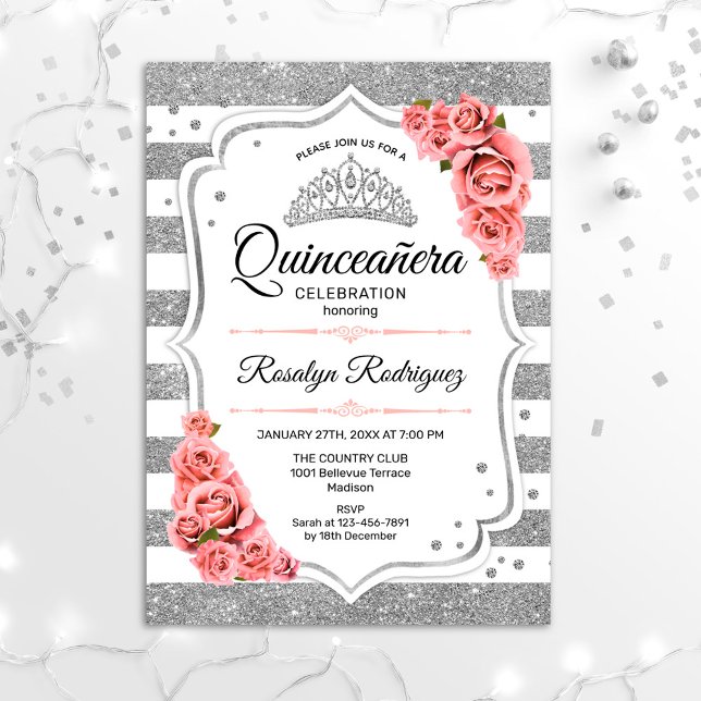 Invitación Quinceanera - Rosa Rubor de plata blanca (Subido por el creador)