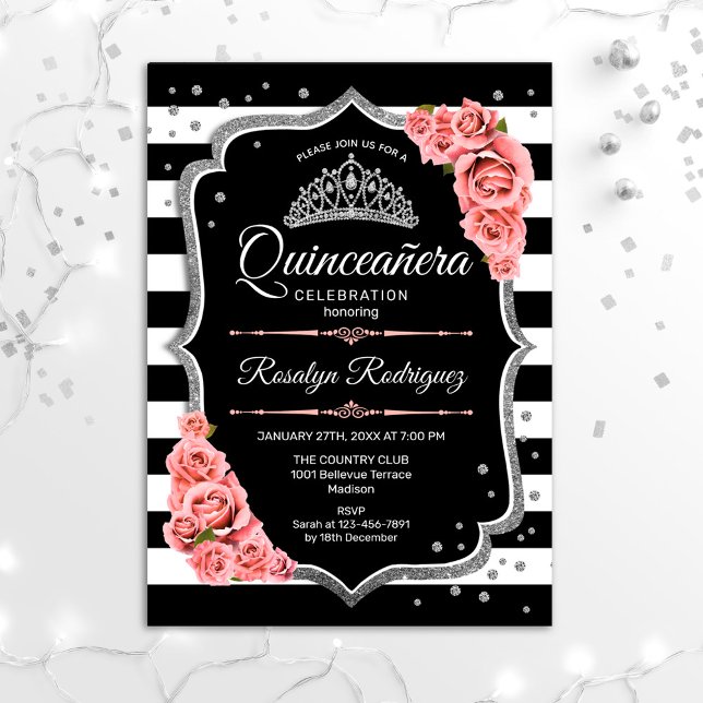 Invitación Quinceanera - Rosa Rubor negro plateado (Subido por el creador)
