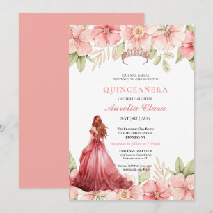 Invitación Quinceañera Rosa Rubor Rosa Floral Mariposa Tiara