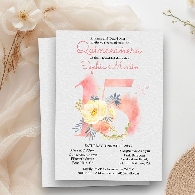 Invitación Quinceanera rosa Rubor y número de floral masivo 1 (Quinceanera and Mass Invitation from my Blush Pink Number 15 Quinceanera collection
)