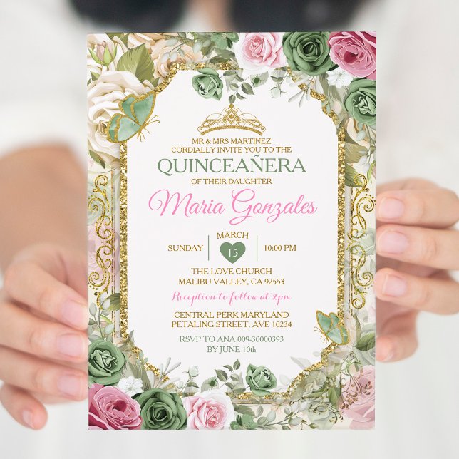 Invitación Quinceañera rosa Sage Green Gold Crown Butfly (Subido por el creador)