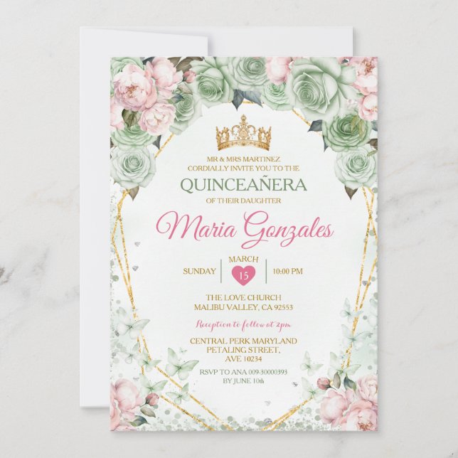 Invitación Quinceañera rosa Sage Green Mariposa Mexicana (Anverso)