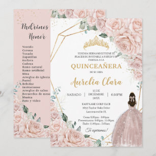 Invitación Quinceañera Rosa Suave Floral 15 Años Padrinos