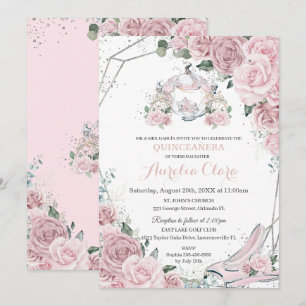 Invitación Quinceañera Rosa Suave Floral Princesa Carruaje