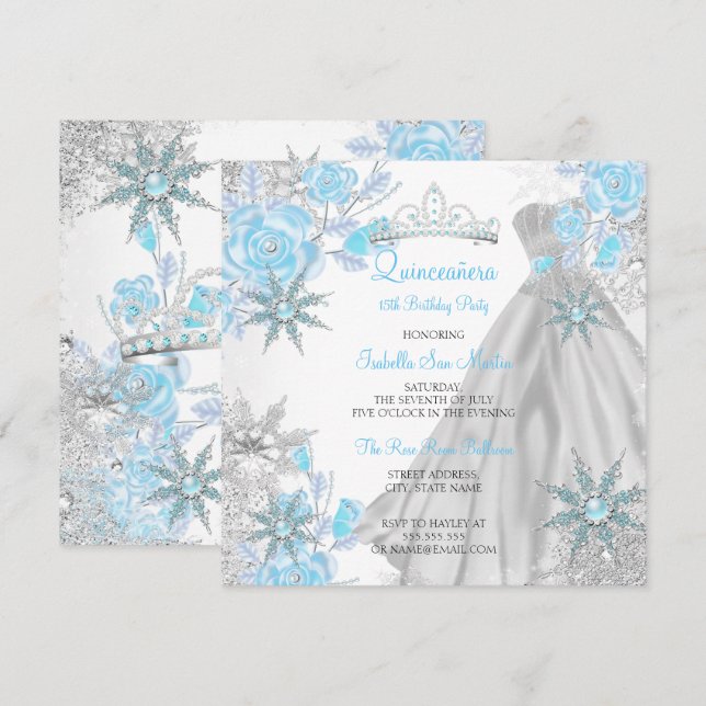 Invitación Quinceanera Rosa Verde azulado Invierno Maravilla  (Anverso / Reverso)