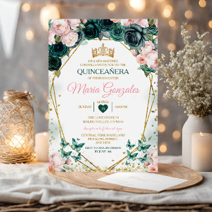 Invitación Quinceañera rosa verde esmeralda mariposa mexicana