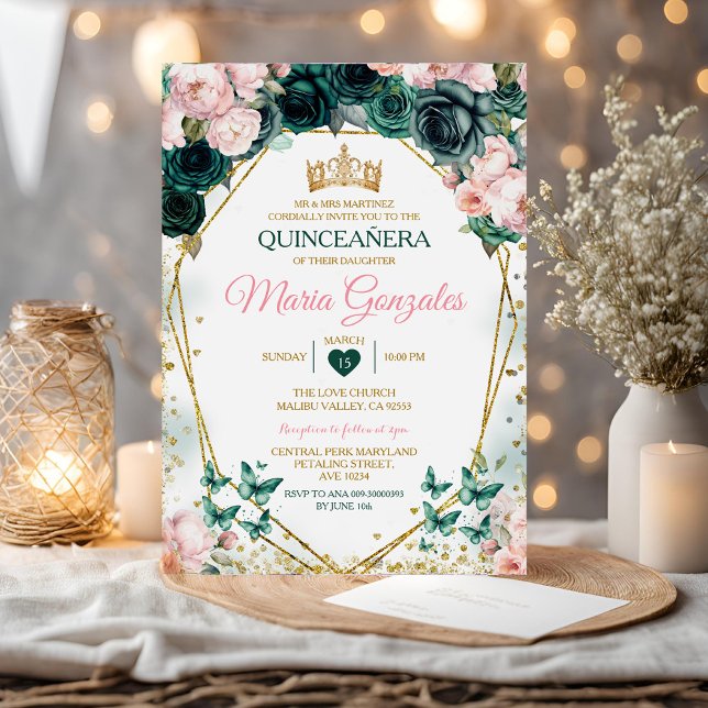 Invitación Quinceañera rosa verde esmeralda mariposa mexicana (Subido por el creador)
