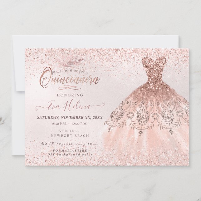 Invitación Quinceañera, Rosa Vestido Purpurina de Oro (Anverso)