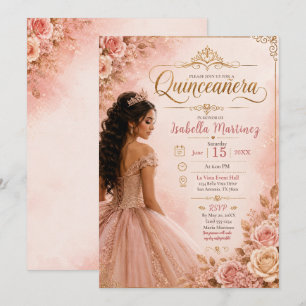 Invitación Quinceañera Rosa y Dorada