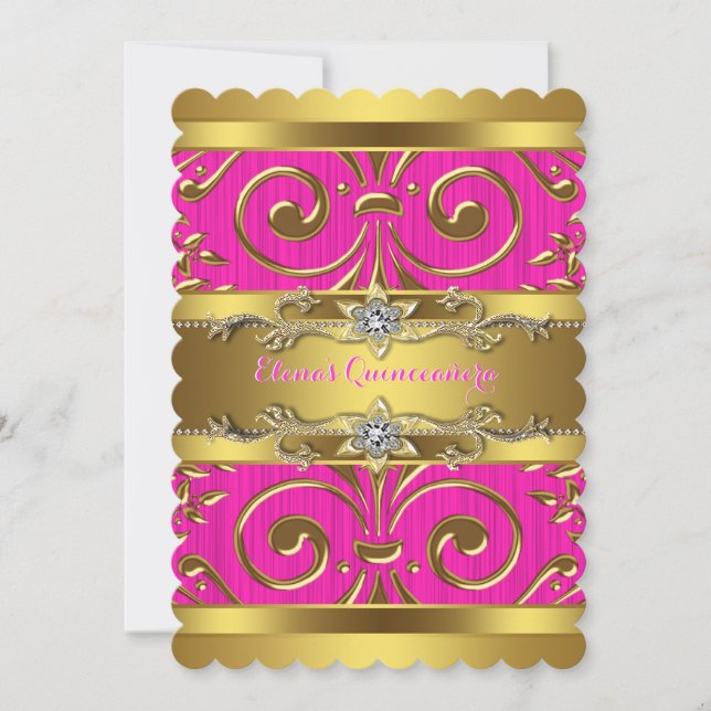 Invitación Quinceanera rosa y dorada (Anverso)