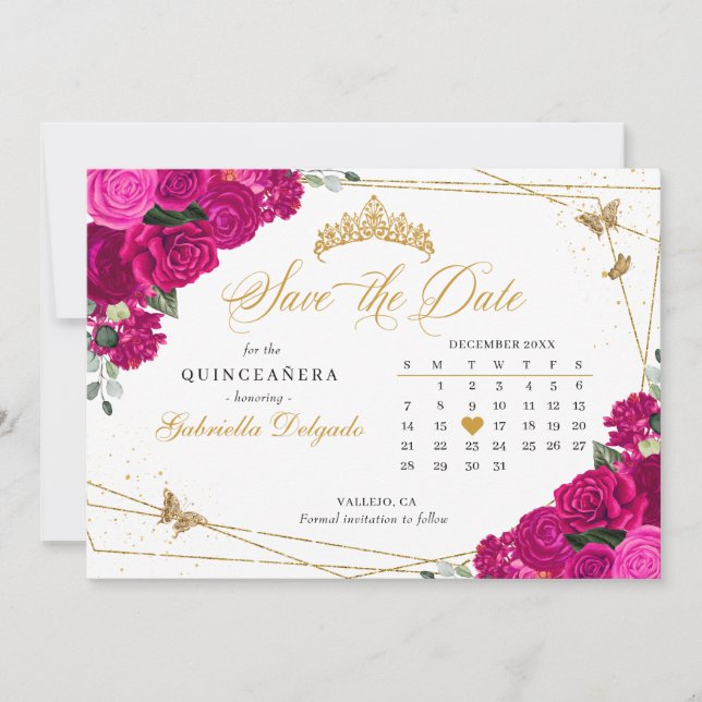 Invitación Quinceañera rosa y dorada de Fuchsia salva la fech (Anverso)