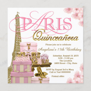 Invitación Quinceañera rosa y dorada de París