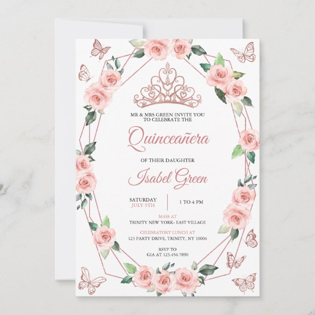 Invitación Quinceañera rosa y dorada de Rubor (Anverso)