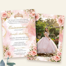 Quinceañera Rosa y Dorado Floral con Foto