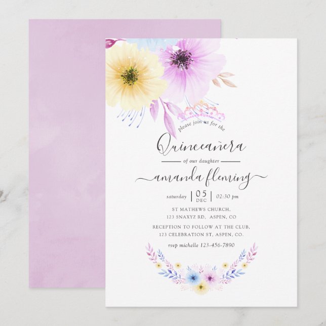 Invitación Quinceañera rosa y floral azul pastel (Anverso / Reverso)