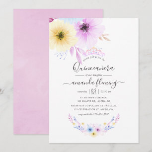 Invitación Quinceañera rosa y floral azul pastel