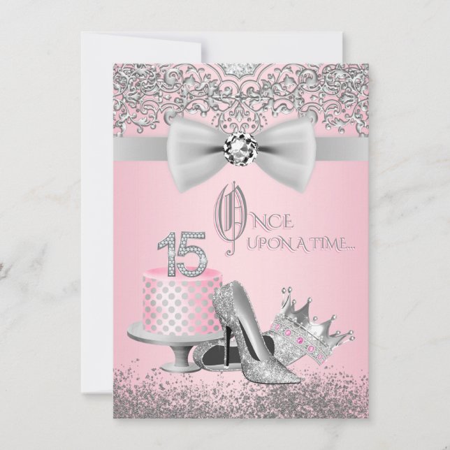 Invitación Quinceanera rosa y gris (Anverso)
