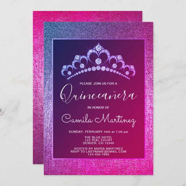 Invitación Quinceanera rosa y morada con Tiara (Anverso / Reverso)