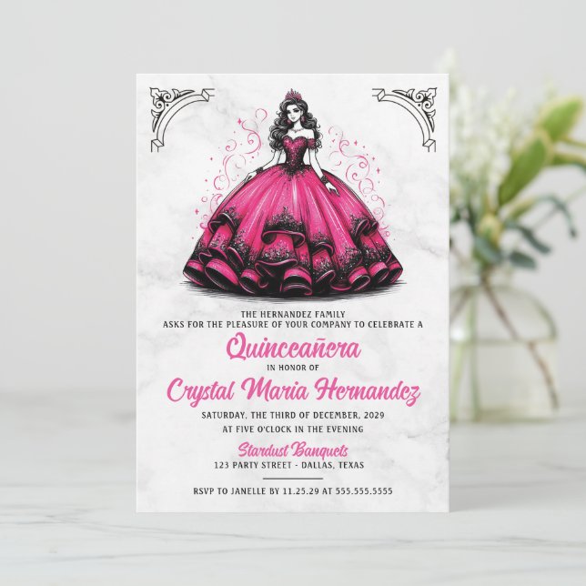 Invitación Quinceañera rosa y negra (Anverso de pie)