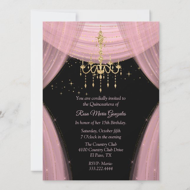 Invitación Quinceañera rosa y negra glamorosa (Anverso)