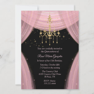 Invitación Quinceañera rosa y negra glamorosa