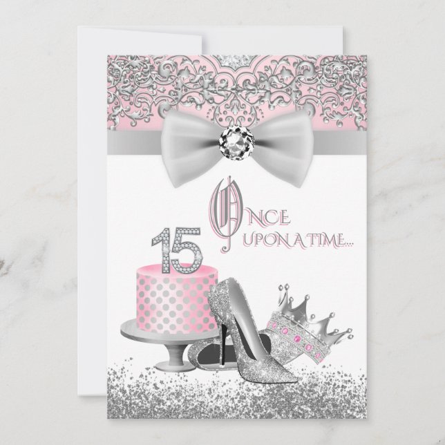 Invitación Quinceañera rosa y plata (Anverso)