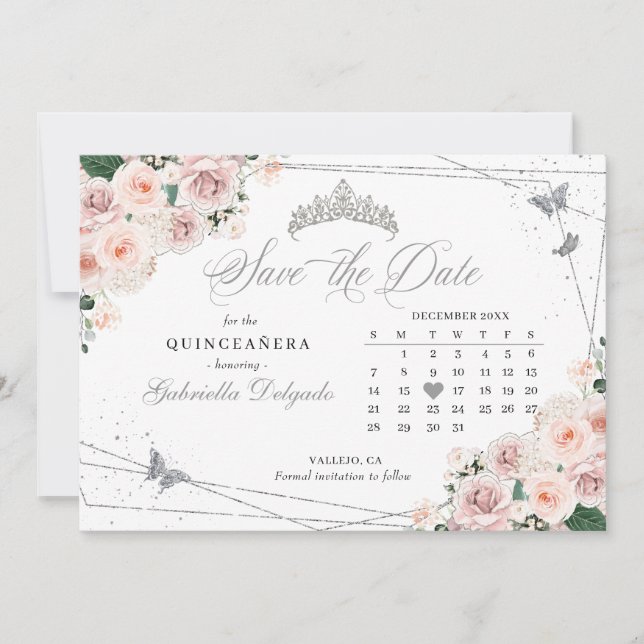 Invitación Quinceañera rosa y plata salva la fecha (Anverso)