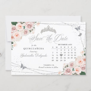 Invitación Quinceañera rosa y plata salva la fecha