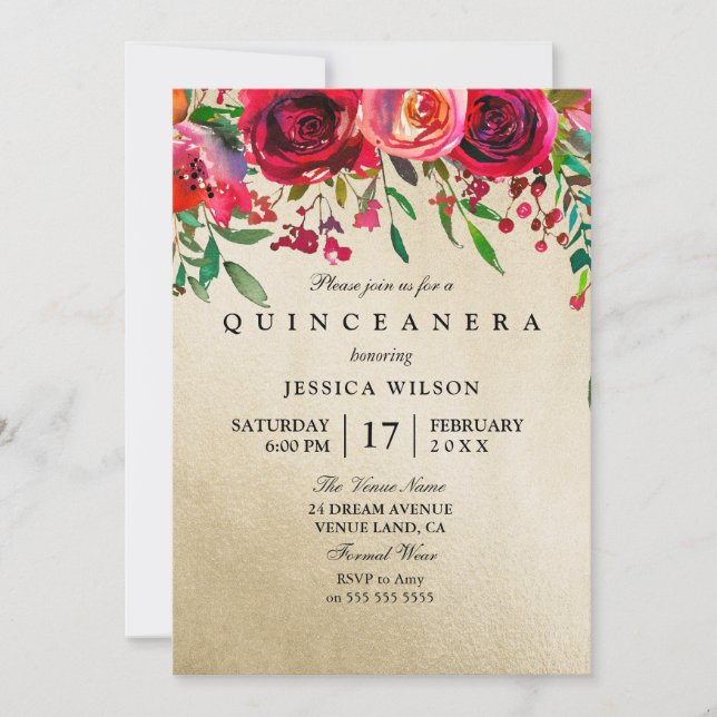 Invitación Quinceanera rosa y rosa rojo Relieve me (Anverso)