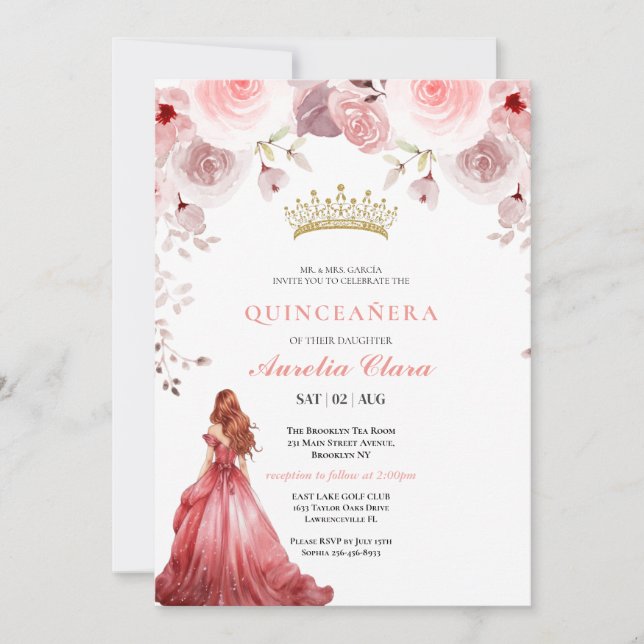 Invitación Quinceañera Rosado Flor de Rosa Mariposa Tiara (Anverso)