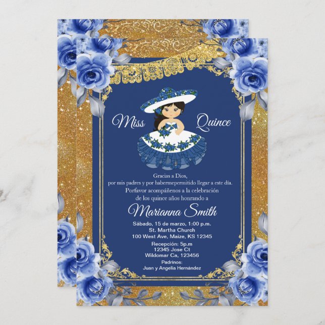 Invitación Quinceañera Rosas Azul Real Dorado  (Anverso / Reverso)