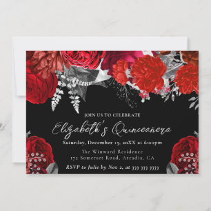 Invitación Quinceanera Rosas color rojo y plata