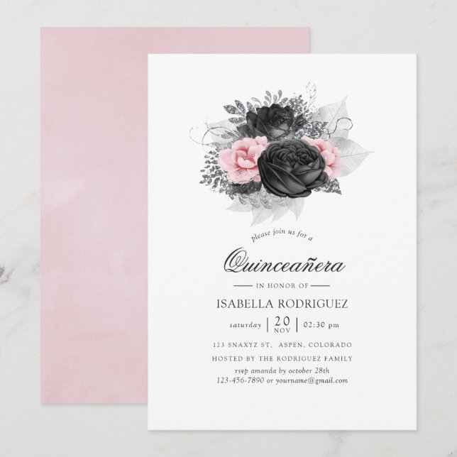 Invitación Quinceañera, Rosas de cosecha rosada y plateada (Anverso / Reverso)