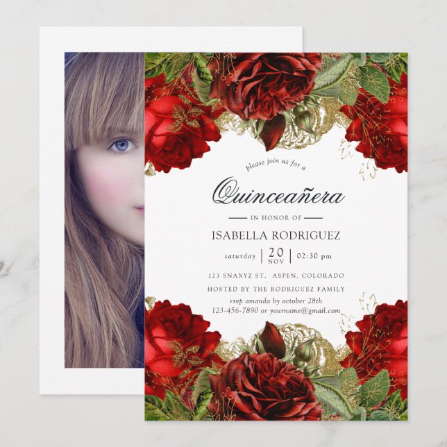 Invitación Quinceañera, Rosas de la cosecha de borgoña y oro (Anverso / Reverso)