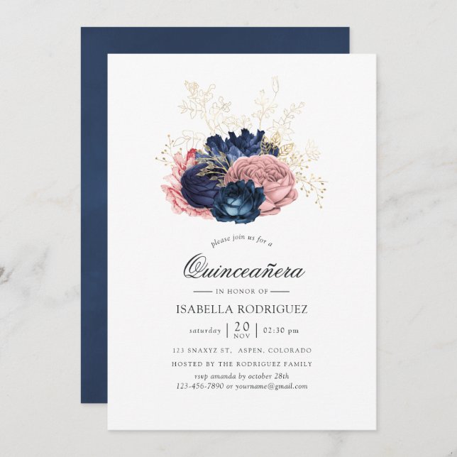 Invitación Quinceañera, Rosas de la Marina Azul y Rubor Rosa (Anverso / Reverso)