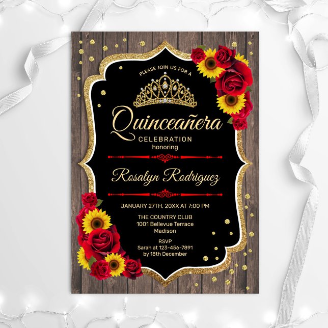 Invitación Quinceanera - Rosas de los girasoles de madera rús (Subido por el creador)