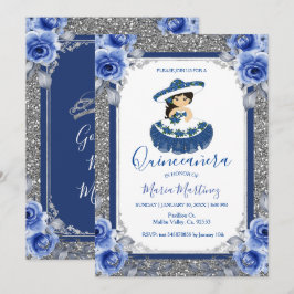 Invitación  Quinceanera, Rosas de Silver Royal Blue 