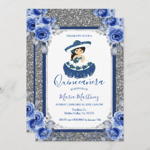 Invitación  Quinceanera, Rosas de Silver Royal Blue 