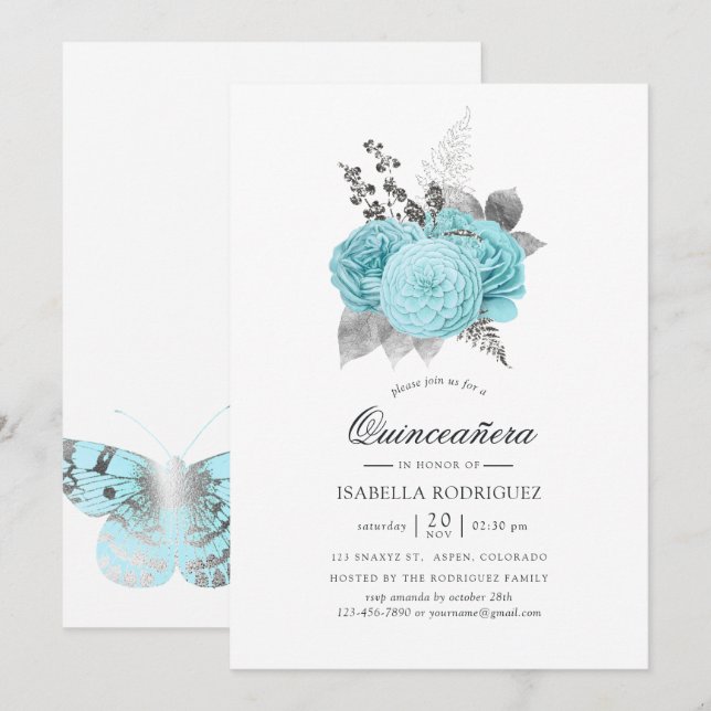Invitación Quinceañera: Rosas del Shabby de la época del Aqua (Anverso / Reverso)