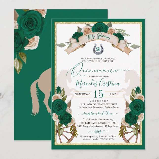 Invitación Quinceanera, Rosas ecologistas de la esmeralda del (Anverso / Reverso)