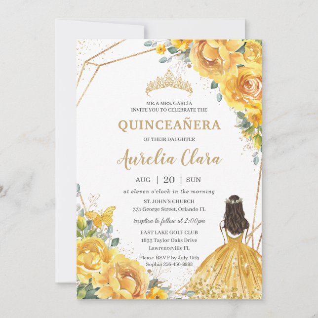 Invitación Quinceañera Rosas florales amarillas Princess Birt (Anverso)