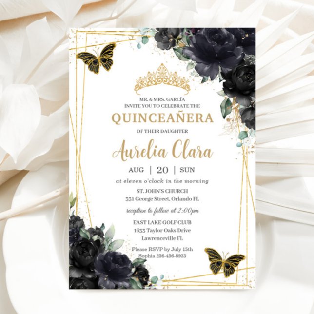Invitación Quinceañera Rosas florales negras Butterflies Gold (Subido por el creador)
