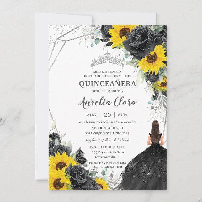 Invitación Quinceañera Rosas florales negras girasol plateado (Anverso)