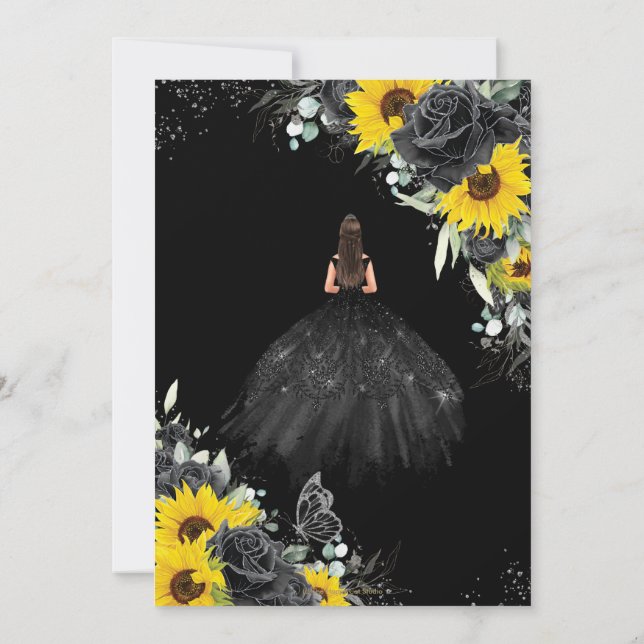 Invitación Quinceañera Rosas florales negras girasol plateado