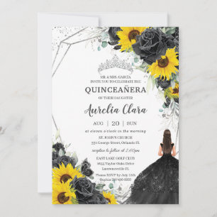 Invitación Quinceañera Rosas florales negras girasol plateado