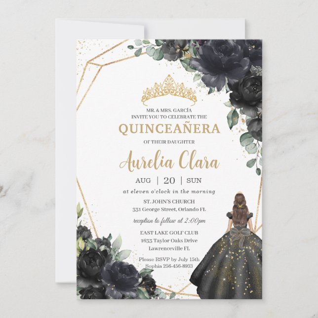 Invitación Quinceañera Rosas florales negras Princesa Corona  (Anverso)