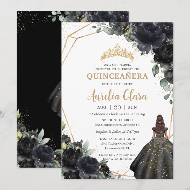 Invitación Quinceañera Rosas florales negras Princesa Corona  (Anverso / Reverso)