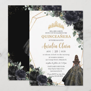 Invitación Quinceañera Rosas florales negras Princesa Corona 