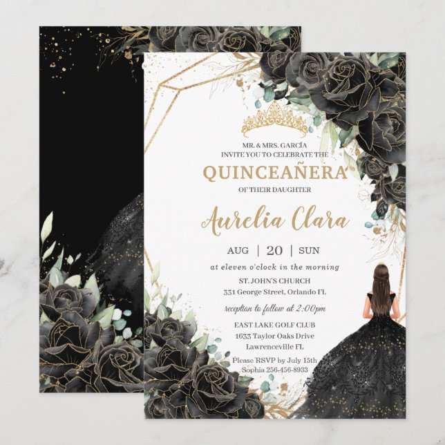 Invitación Quinceañera Rosas florales negras vestidos con cor (Anverso / Reverso)